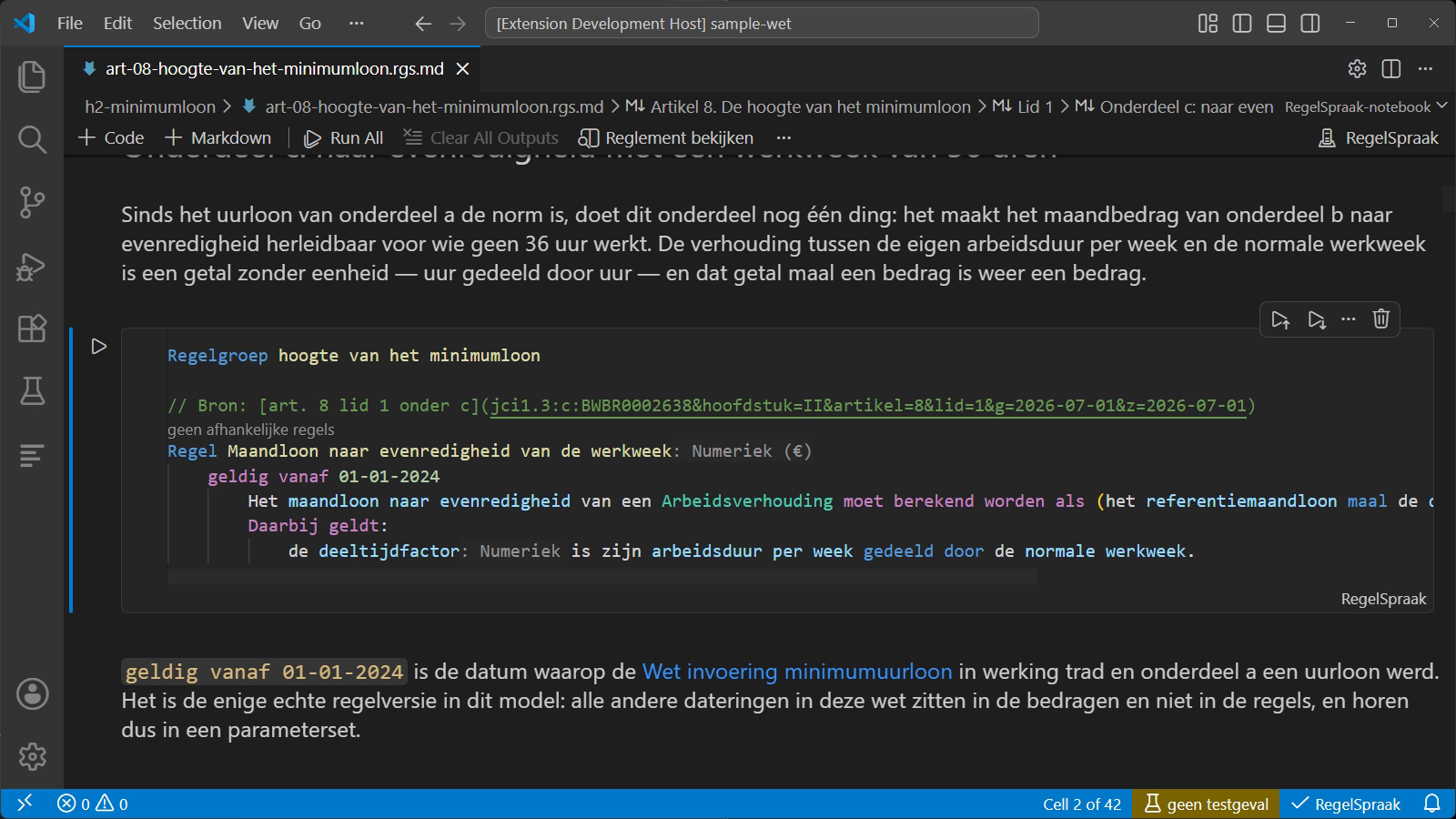 A RegelSpraak notebook on article 8 of the Dutch Minimum Wage Act: explanatory text above, the rule that computes the provision in the middle with its Juriconnect source citation, and more text below