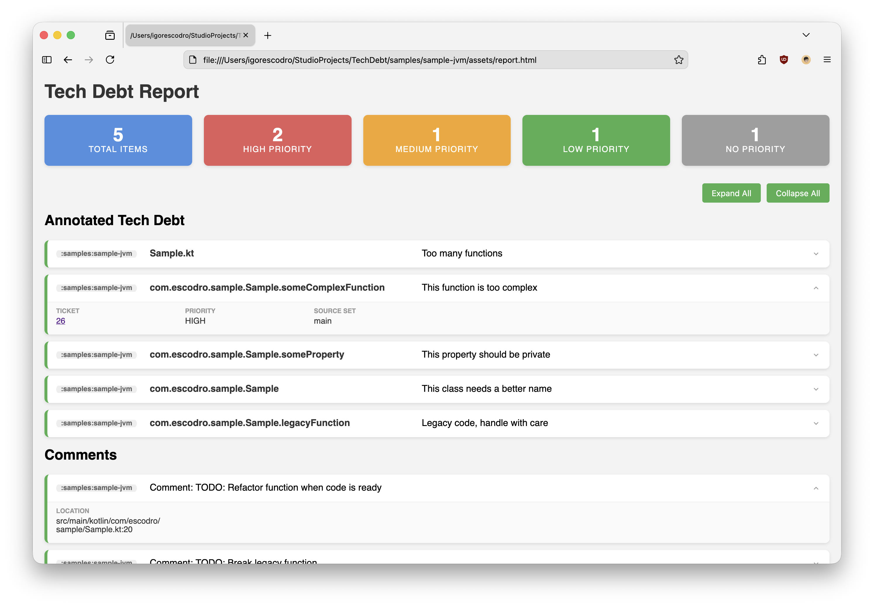 Screenshot of TechDebt report example
