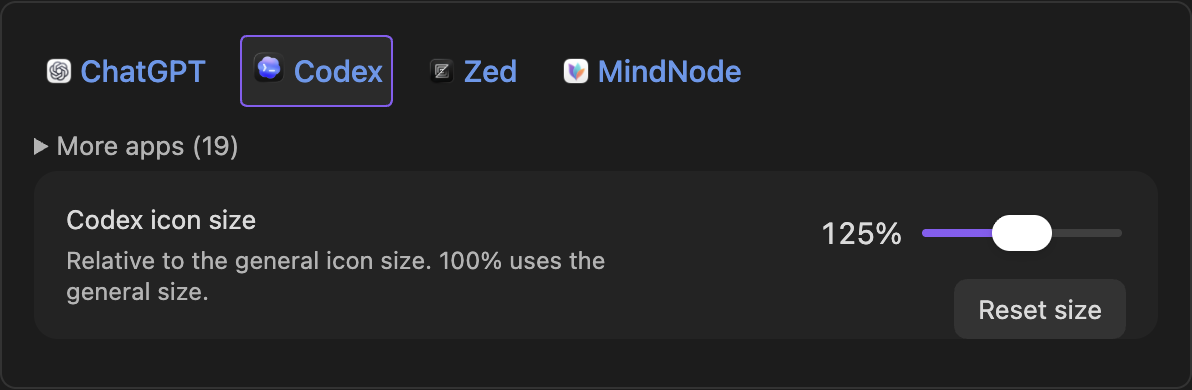 Appearance preview with the Codex icon-size control open