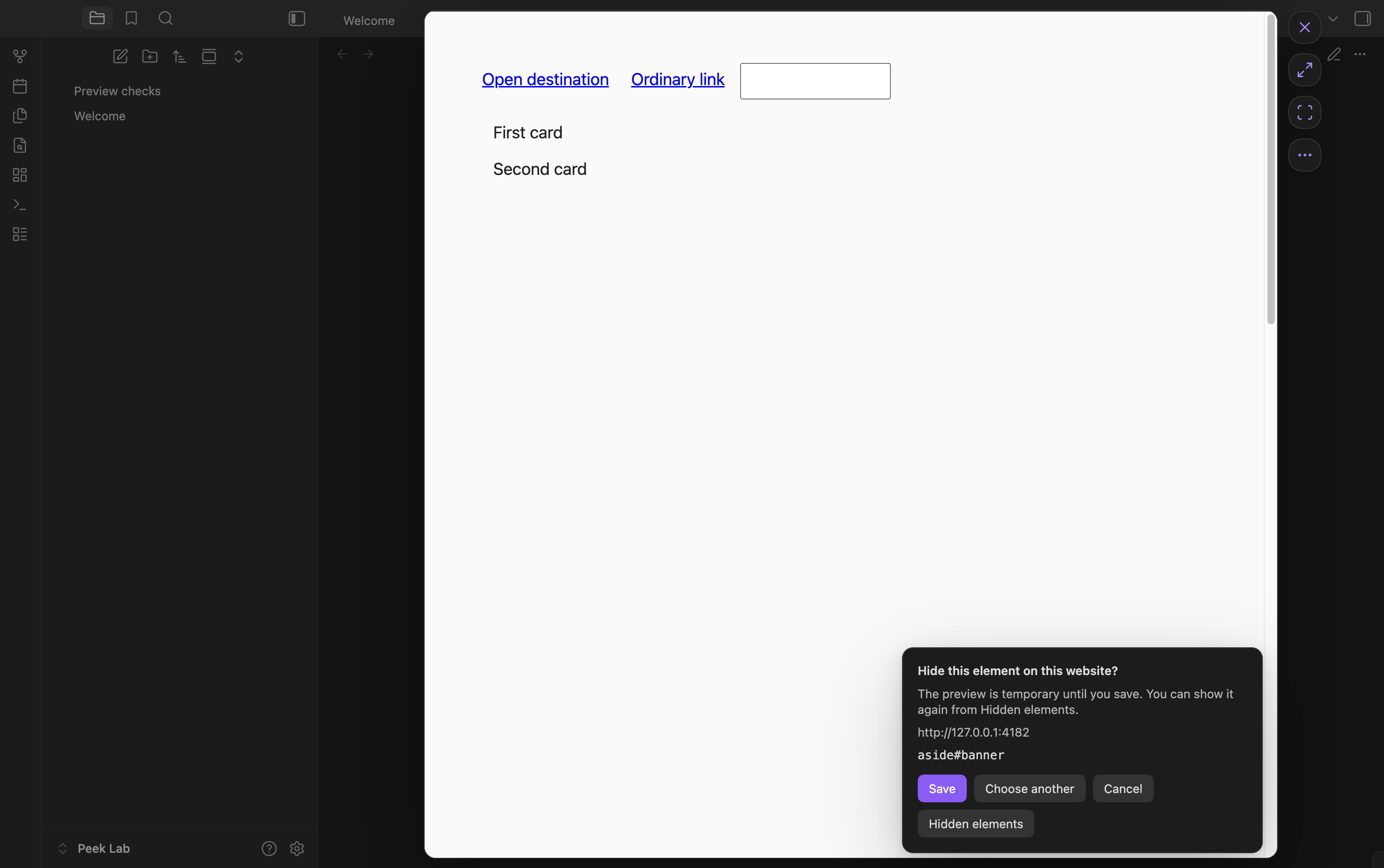 Previewing a website element hiding rule in Link Float