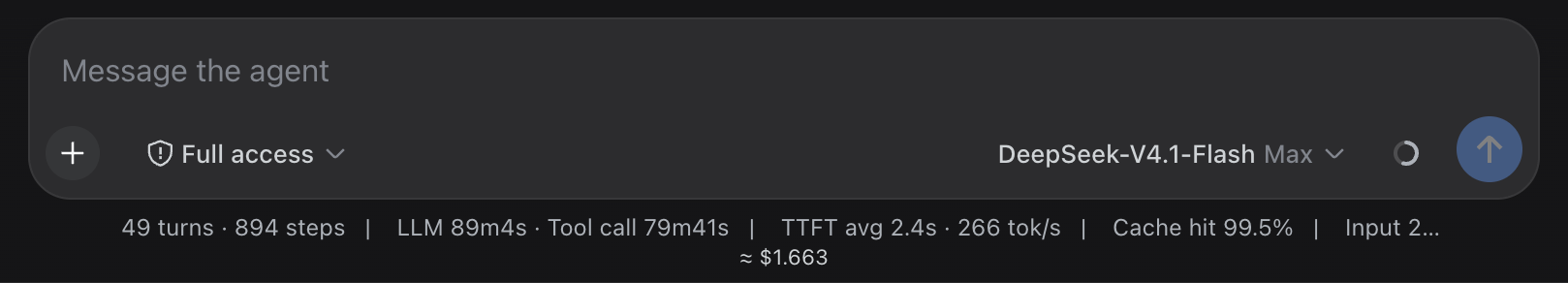 The readout in the composer: one line under the harness stats, the session priced from the cost log
