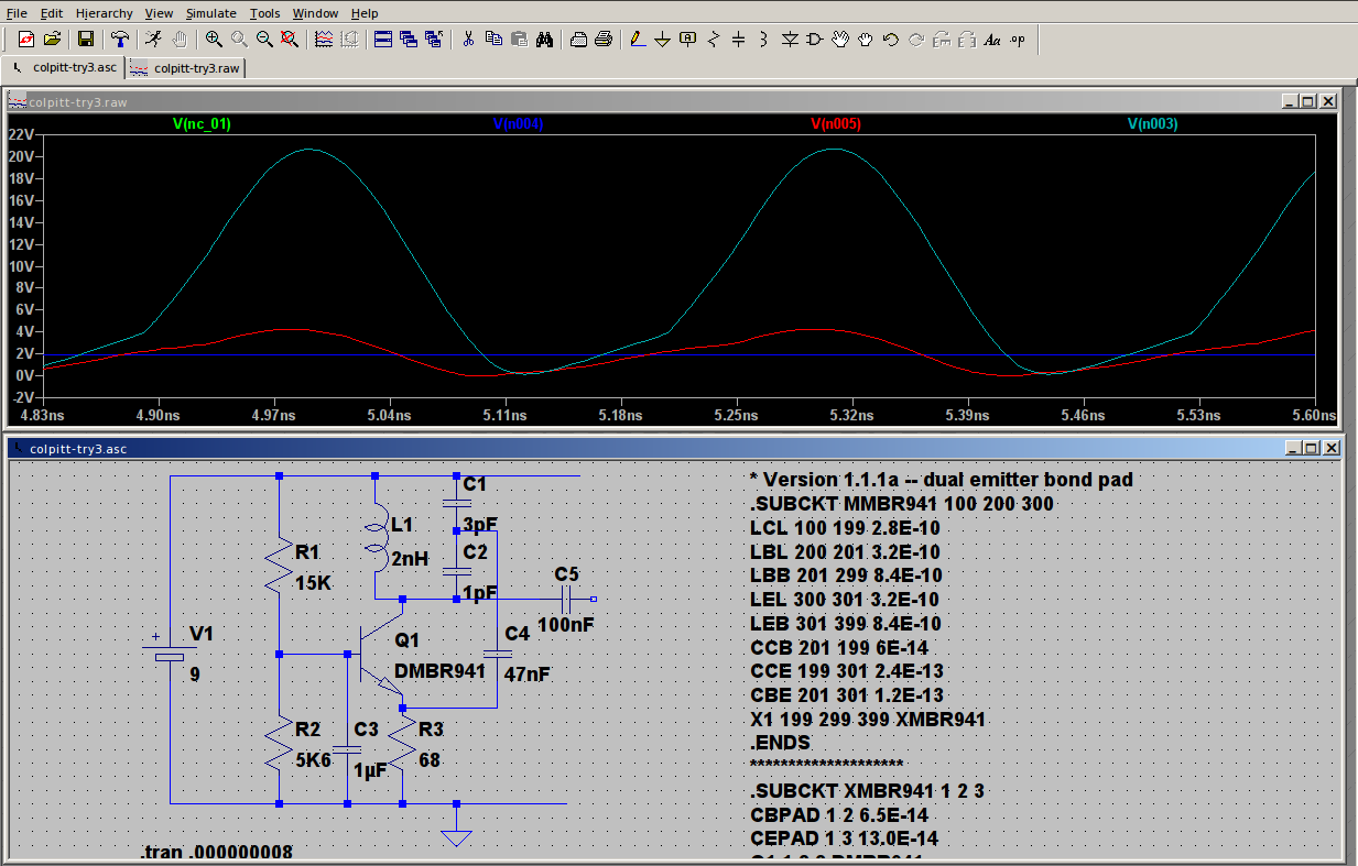 Colpitt oscillator simulation running at about 3GHz