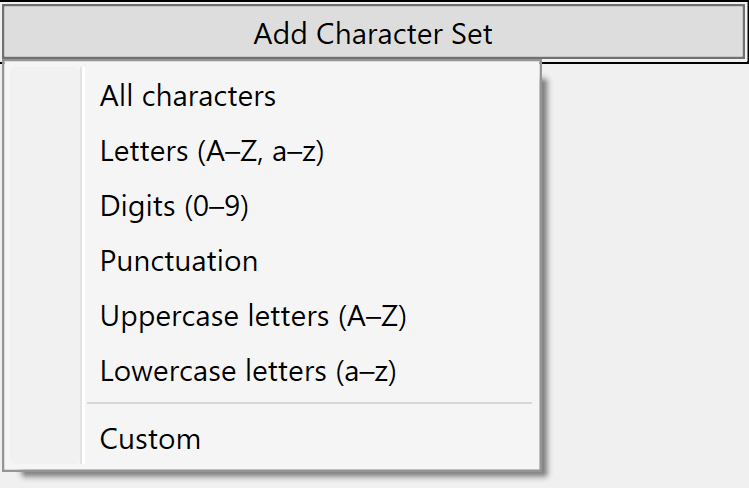 The Add Character Set menu