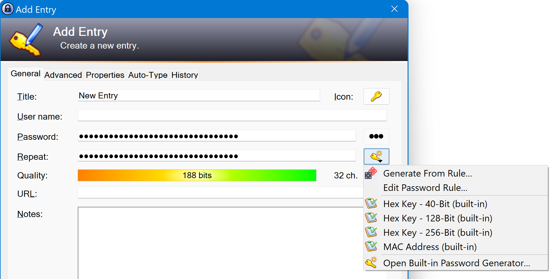 The Add Entry dialog with the Generate From Rule and Edit Password Rule menu items visible