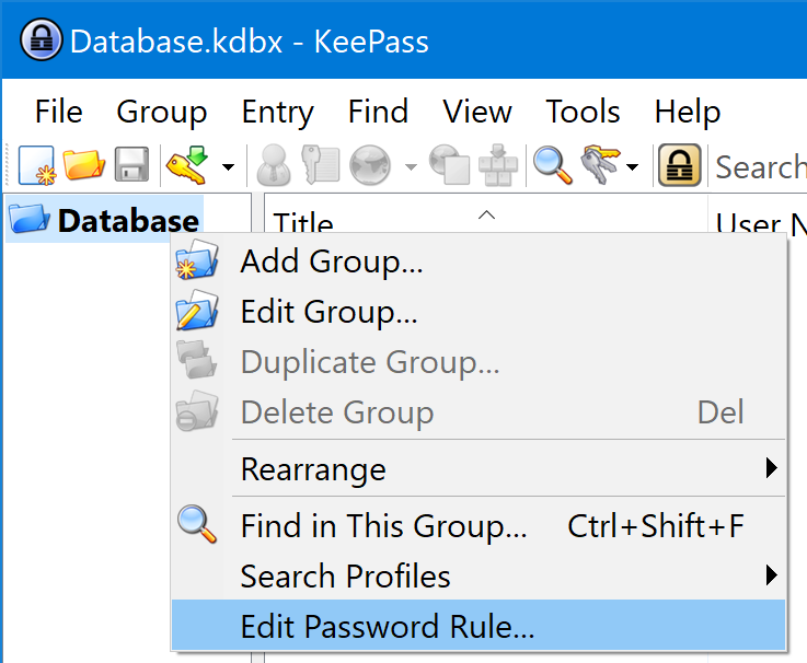 The group context menu with the Edit Password Rule menu item visible