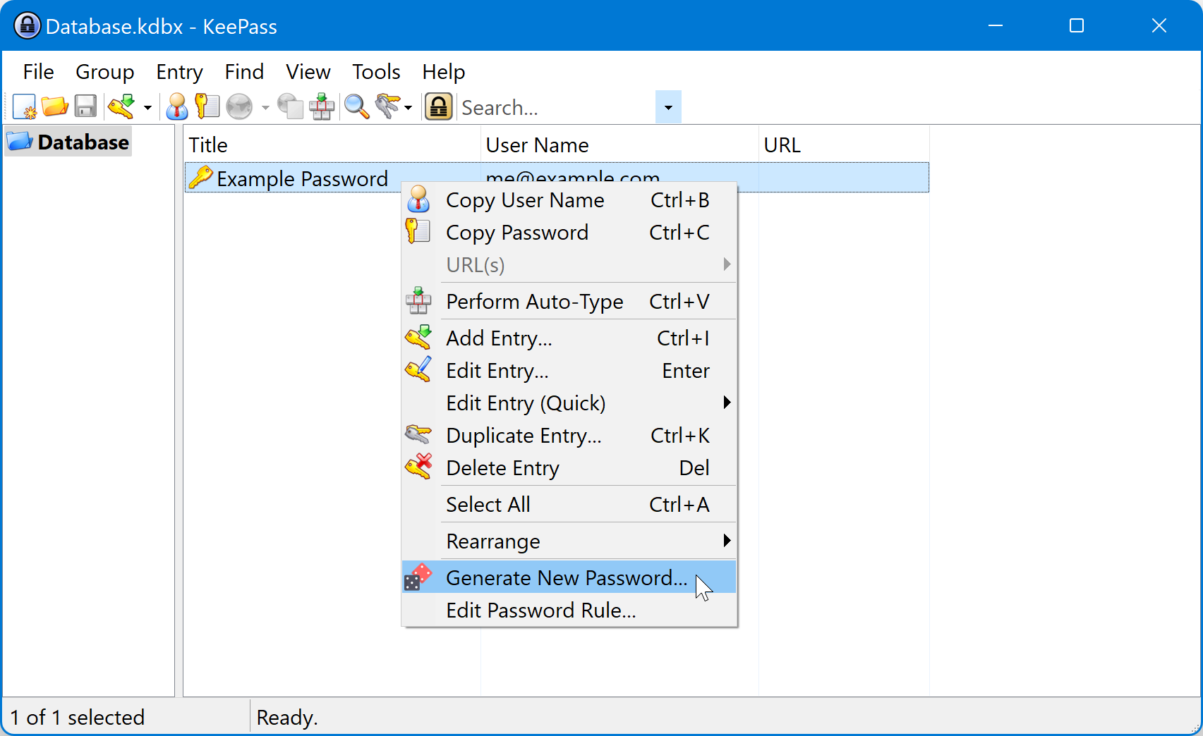 Context menu with “Generate New Password” selected