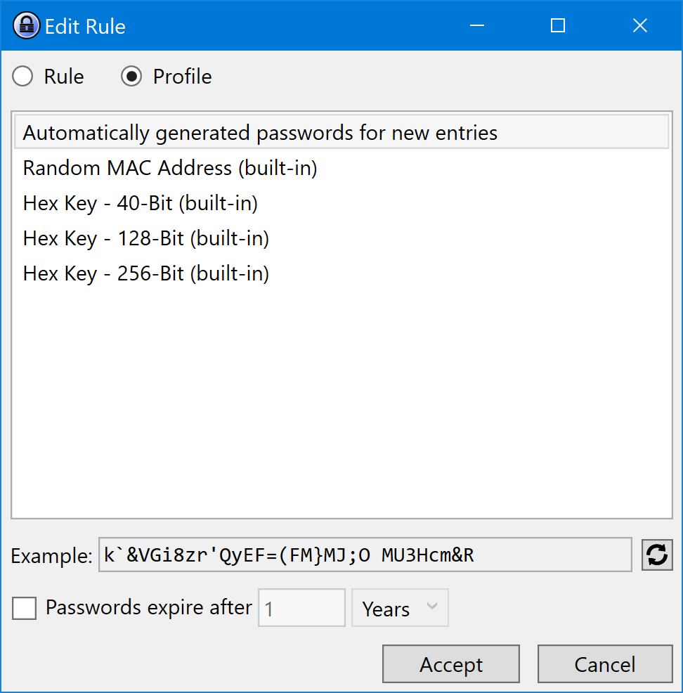 The Password Rule dialog with the Profile option selected