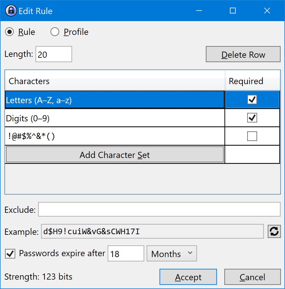 The Password Rule dialog with the Rule option selected