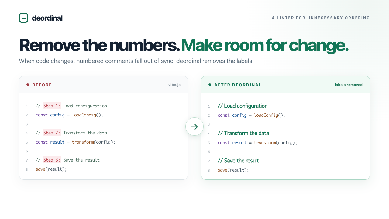 Before and after: deordinal removes step numbers from JavaScript comments without changing the code
