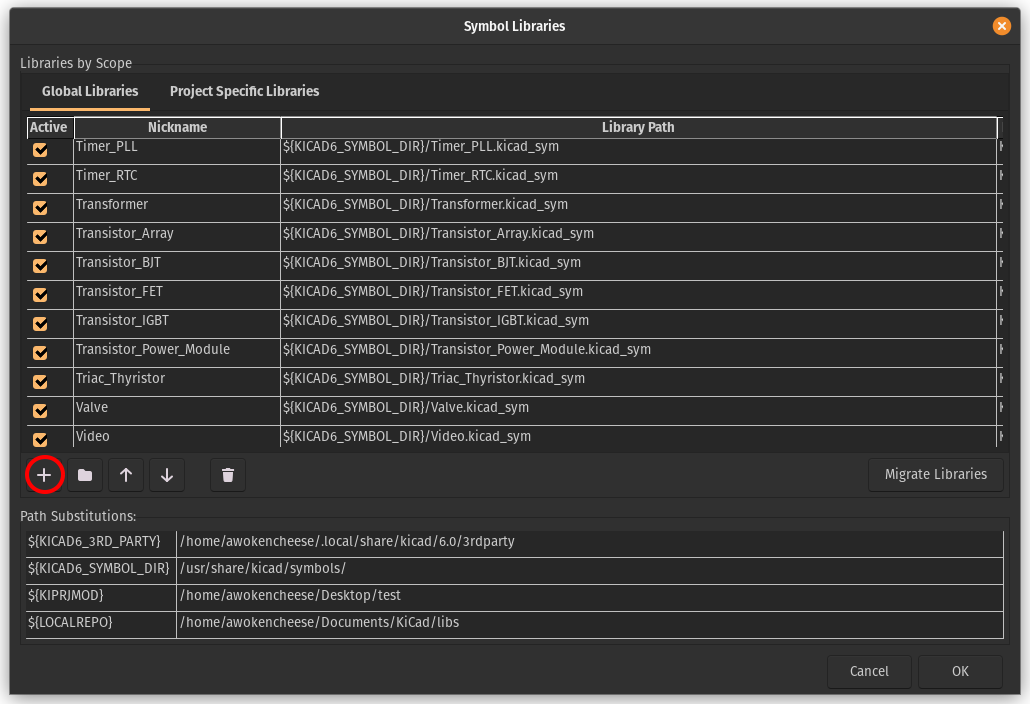 KiCad Manage Symbol Libraries Screen