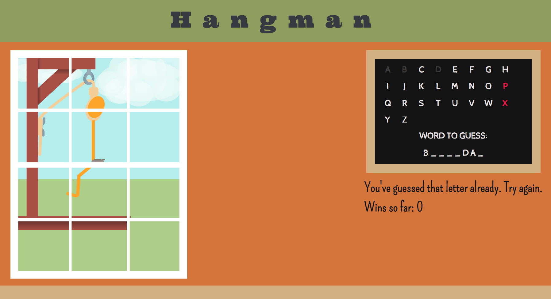 Screenshot of a hangman game set in a classroom