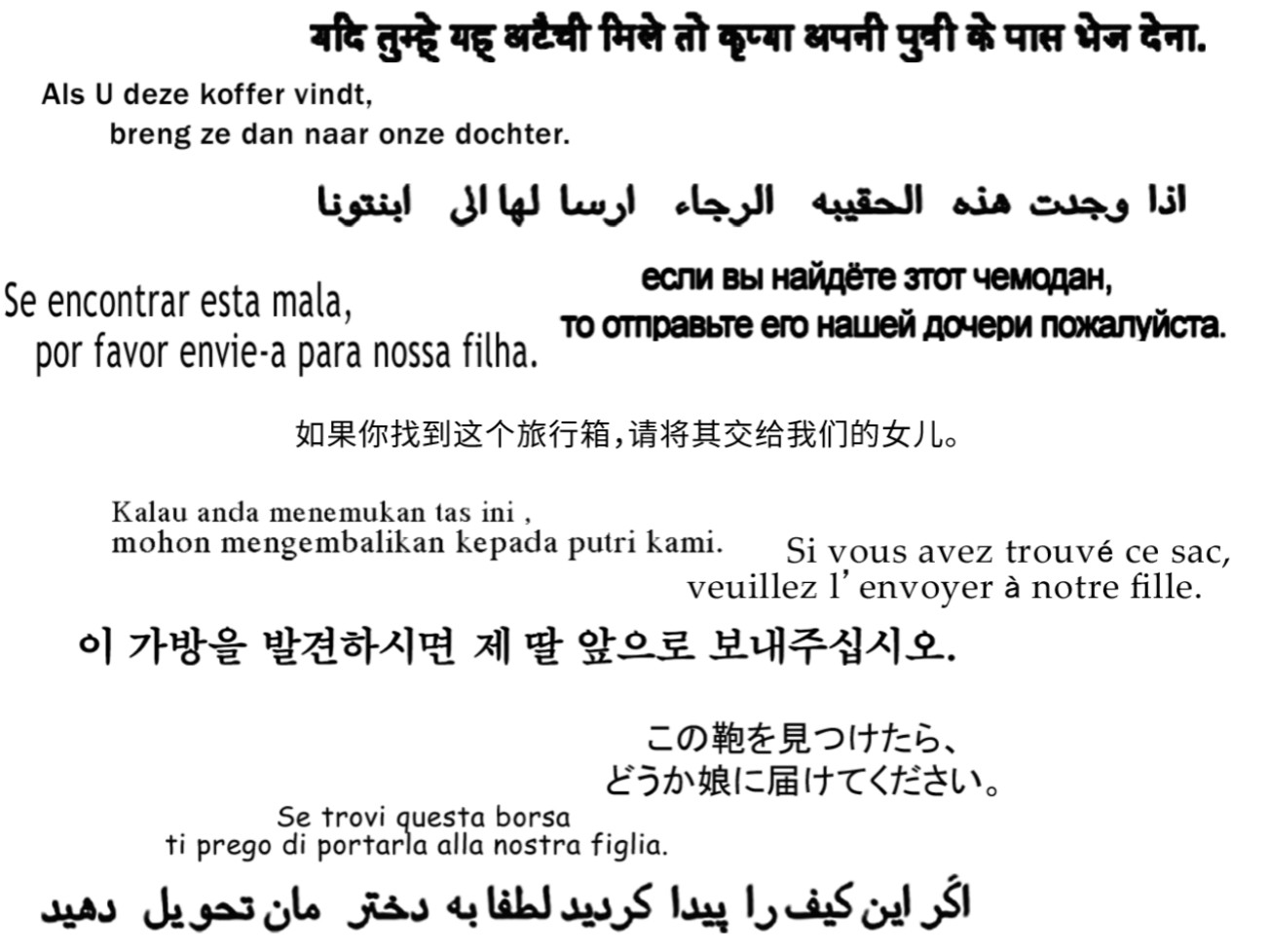 以各國語言寫下的：「如果你找到這個旅行箱，請將其交給我們的女兒。」