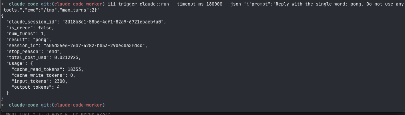 iii trigger claude::run returning the result with usage and cost