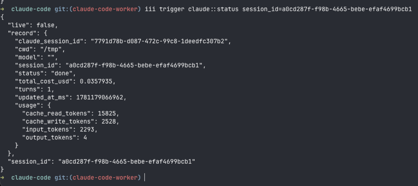 iii trigger claude::status showing the stored session record