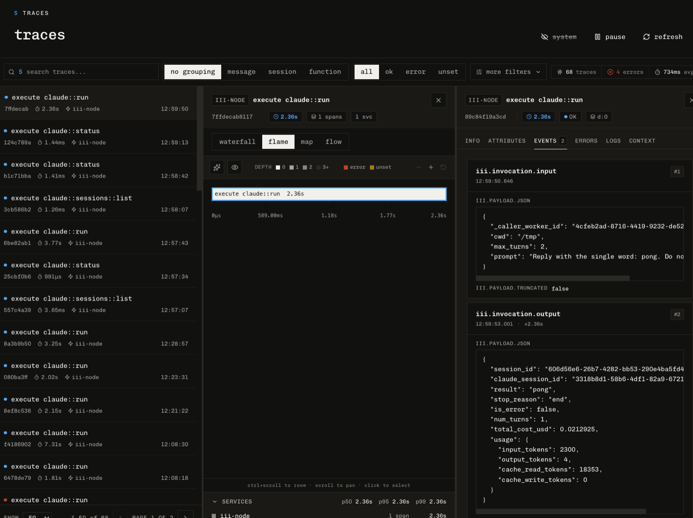 claude::run invocations in the iii console trace explorer, with input and output payloads