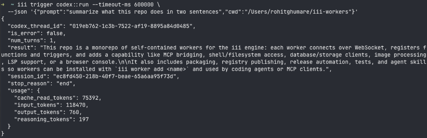 iii trigger codex::run returning the result with usage and reasoning tokens