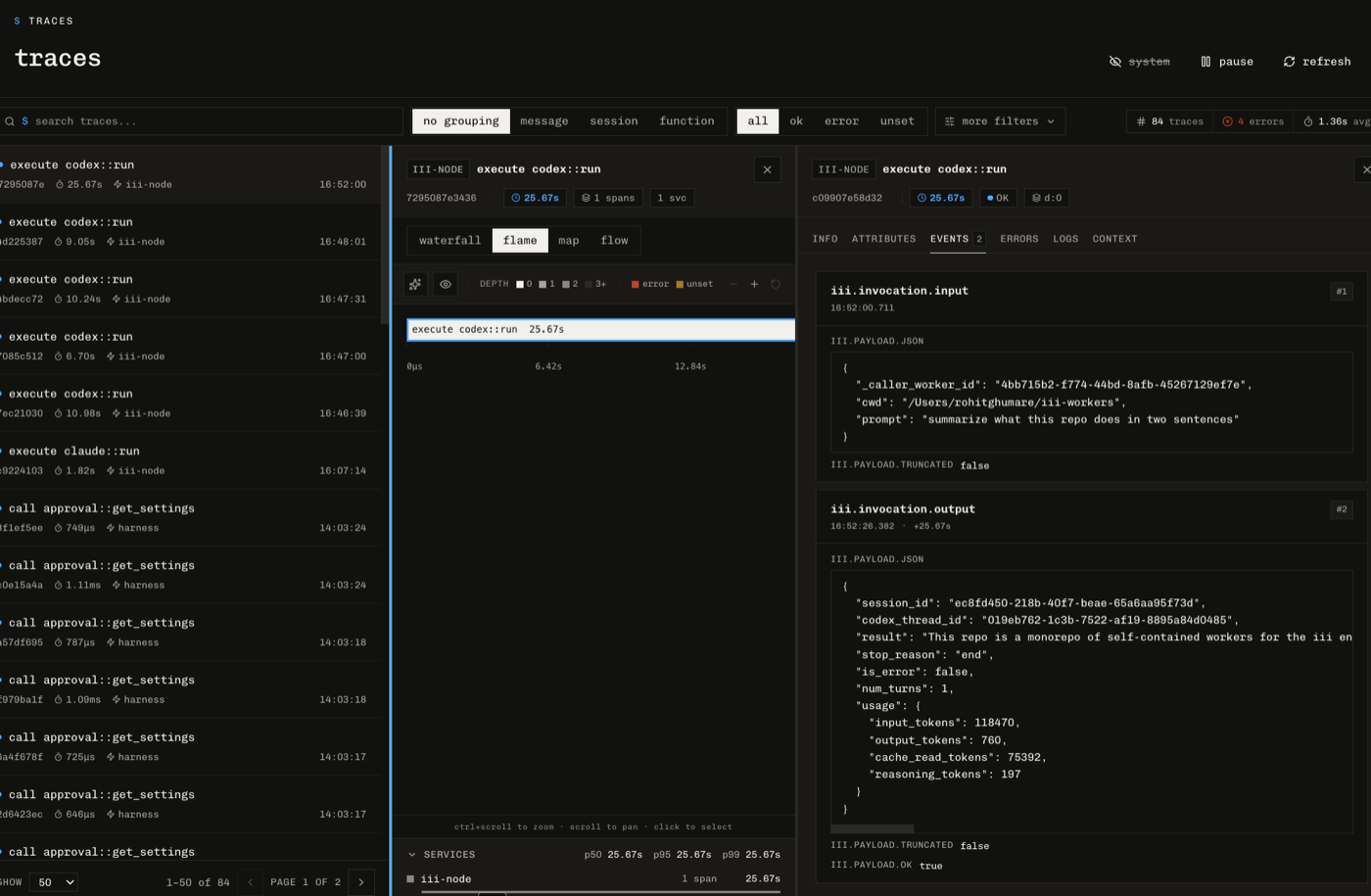 codex::run invocations in the iii console trace explorer, with input and output payloads