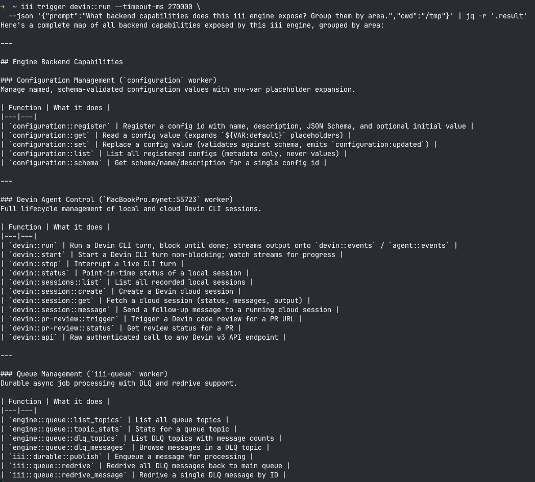 Devin grouping the engine's backend capabilities by area, discovered live