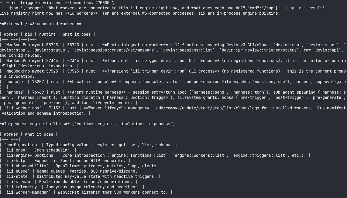 Devin answering a plain question by discovering the live iii mesh through the iii CLI