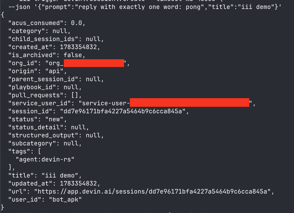 devin::session::create returning a real Devin cloud session id and url over the iii bus