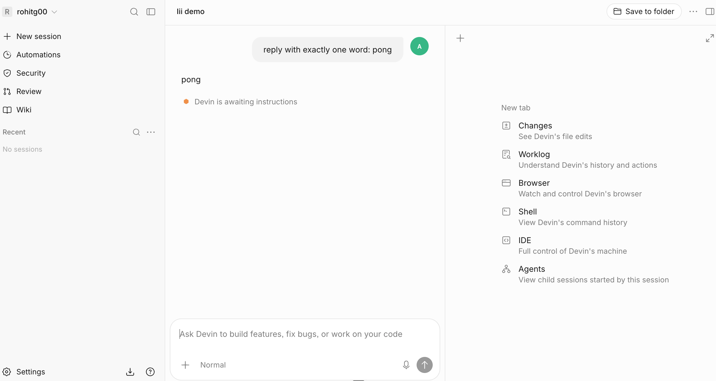 The Devin cloud session opened via devin::session::create, replying in the Devin app