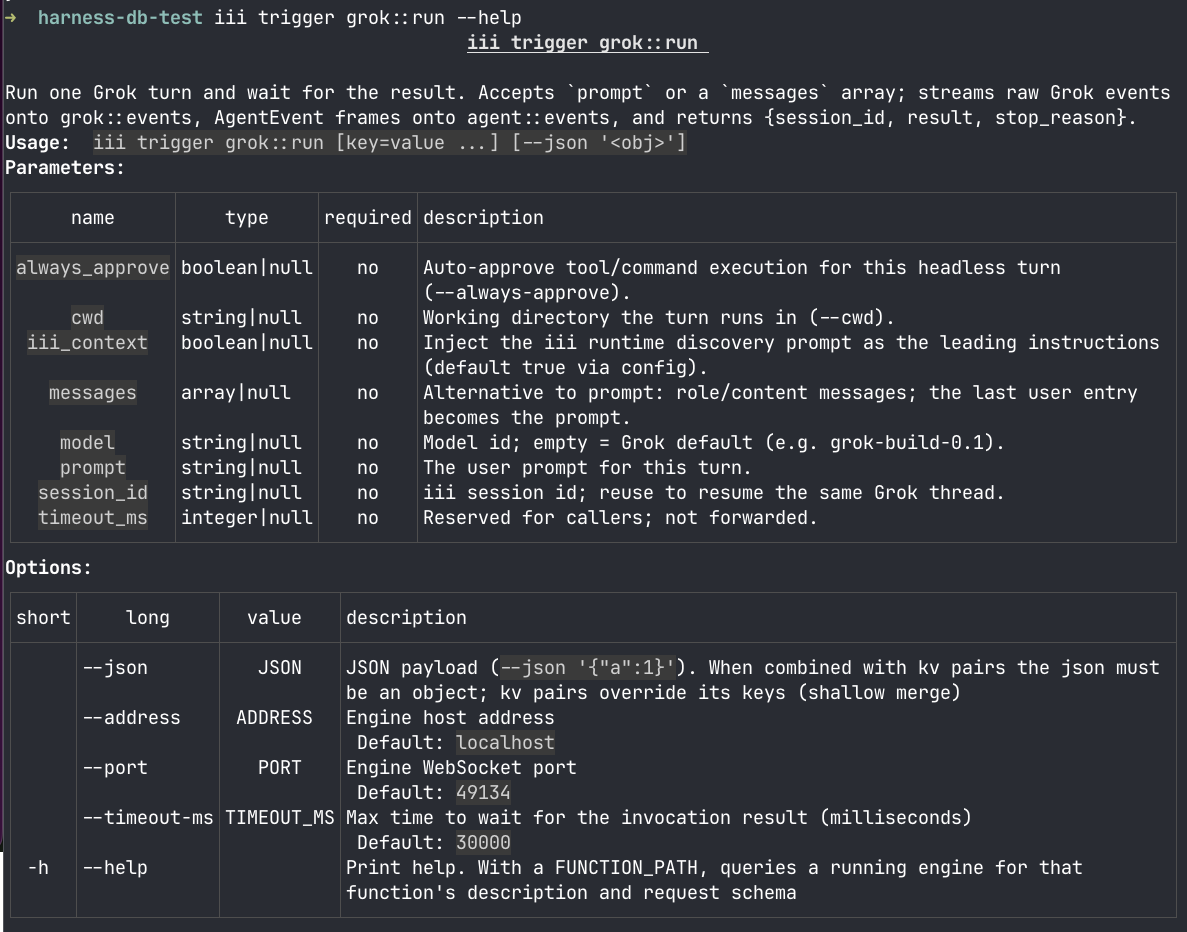 iii trigger grok::run --help printing the typed request schema as a parameter table
