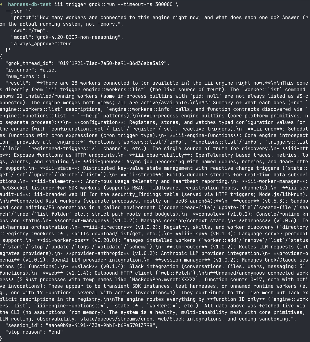 Grok answering a live-system question by querying the engine through the iii CLI