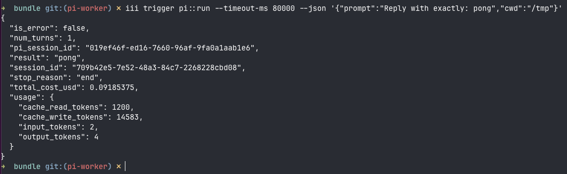 iii trigger pi::run returning pong with usage and cost