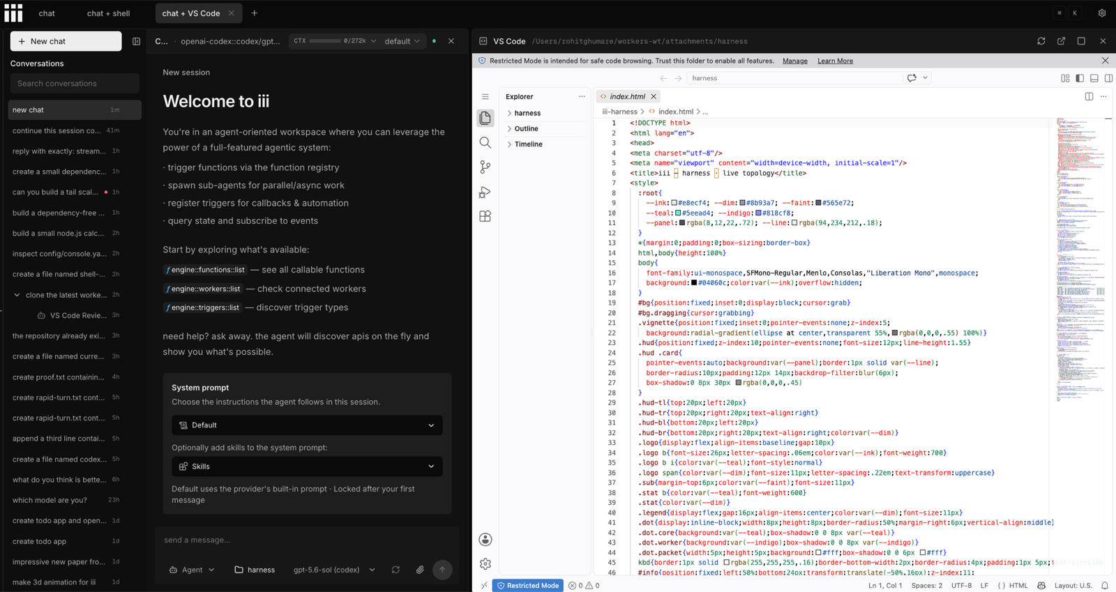 The VS Code Workbench open beside a chat in the iii Console