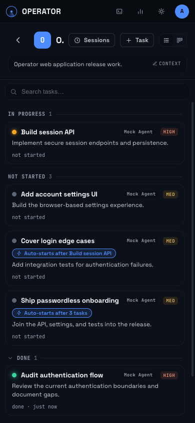 Operator task pipeline in a mobile browser