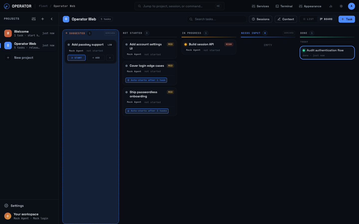 Operator board showing branching tasks and automatic starts