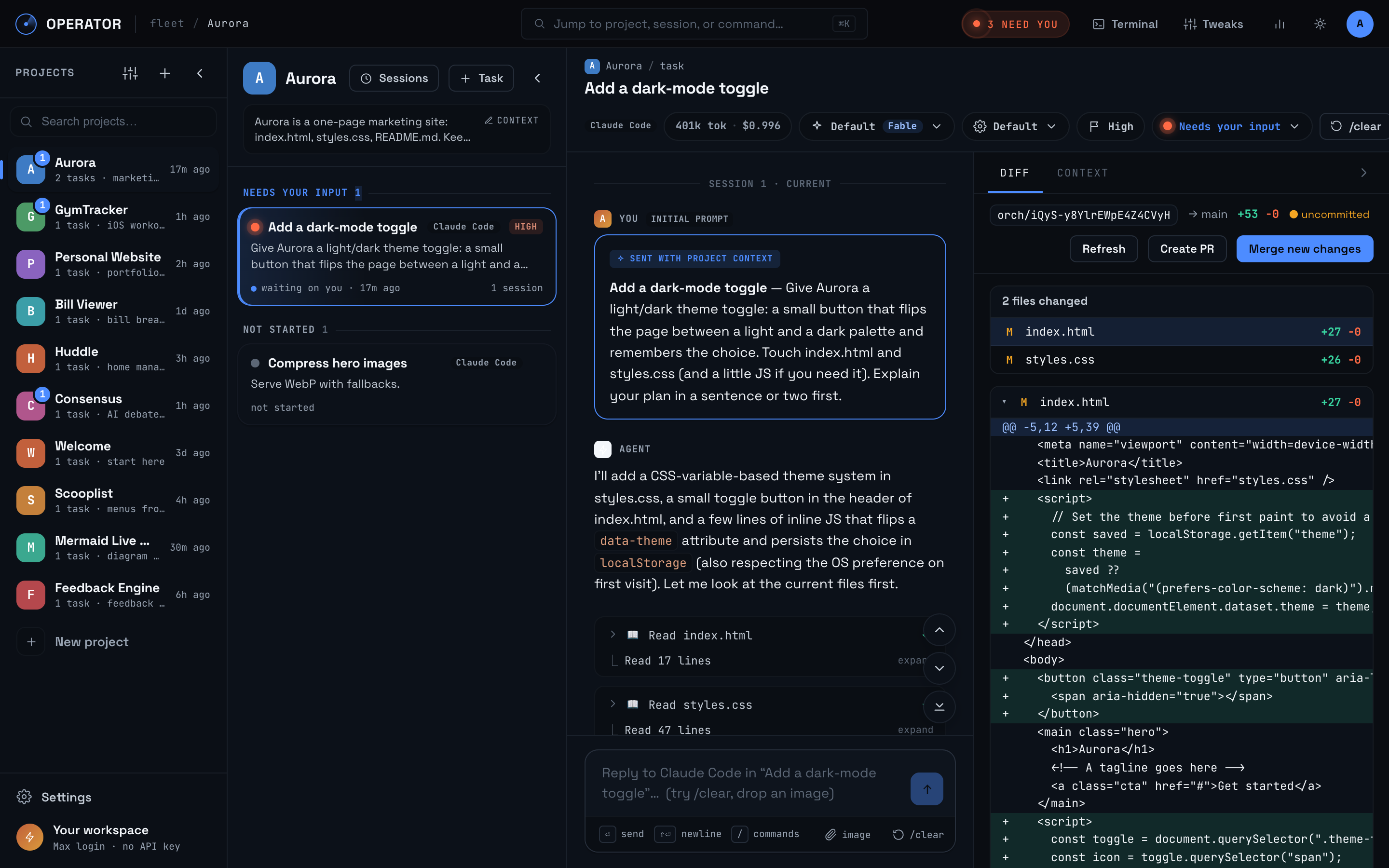 Operator workspace