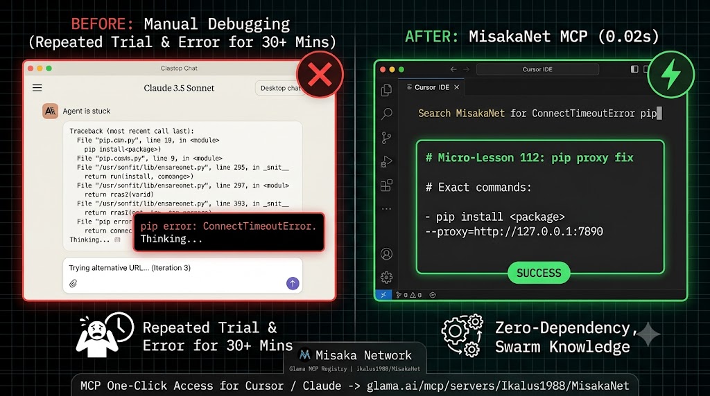MisakaNet — Before: 30+ min manual debugging vs After: 0.02s with MCP