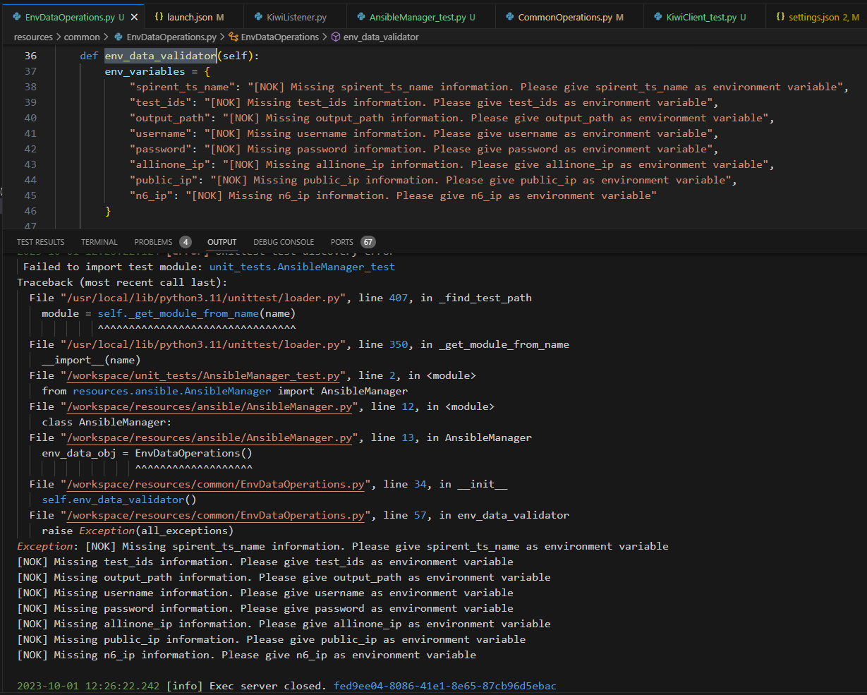 .env dosyası olmadığı için birim testler discover edilemez çünkü env_data_validator istisna fırlatır. Bunu Output>Python sekmesinde görüyoruz