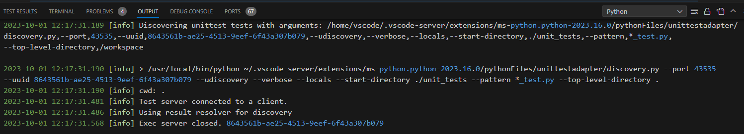 .env dosyasıyla unittest discovery çıktısı Output->Python sekmesinde