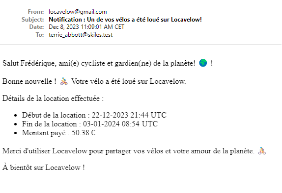 Email de confirmation de location au propriétaire