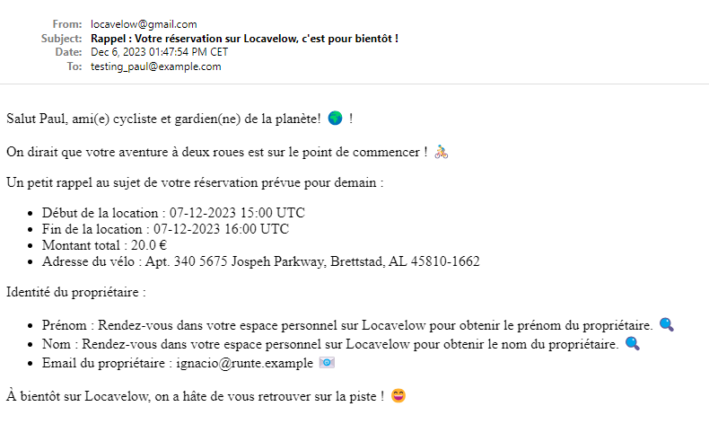 Email de rappel de location à venir au locataire