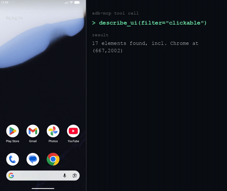 An agent driving a real emulator with adb-mcp: describe_ui finds the Chrome icon, tap_on_text taps it, and a screenshot confirms Chrome launched. The emulator screen is shown side by side with the actual tool call and result.