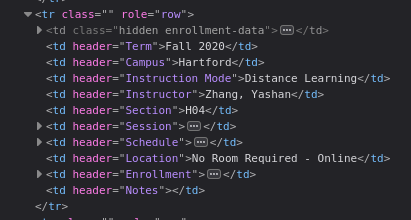 inspector view of selected row