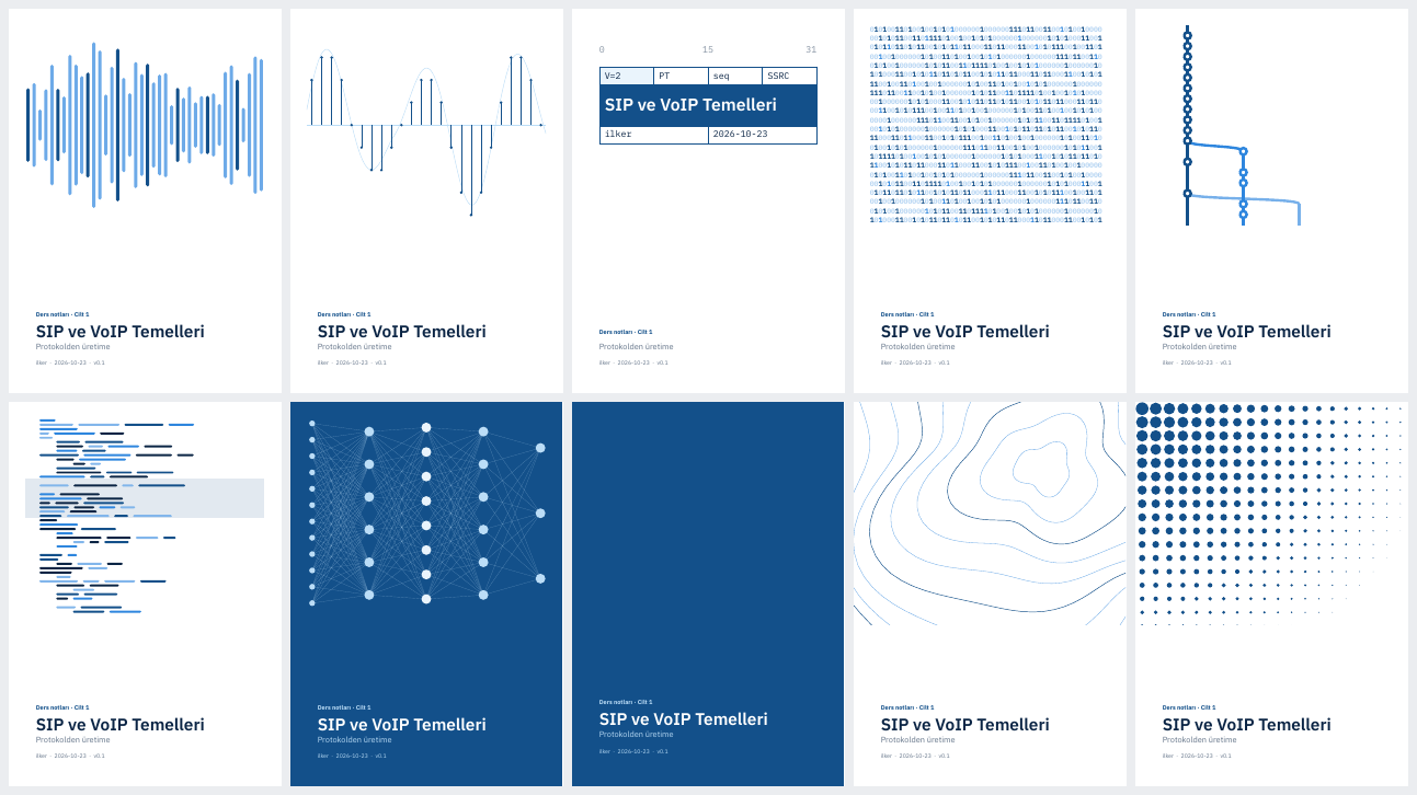 Ten generative cover styles: waveform, pcm, packet, bits, gitgraph, minimap, neural, solid, topo and halftone