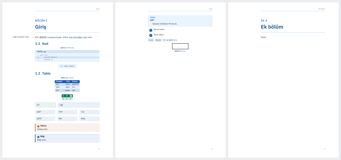 Three document pages with a chapter heading, a side note with an arrow, a code block, tables, grid boxes and callouts