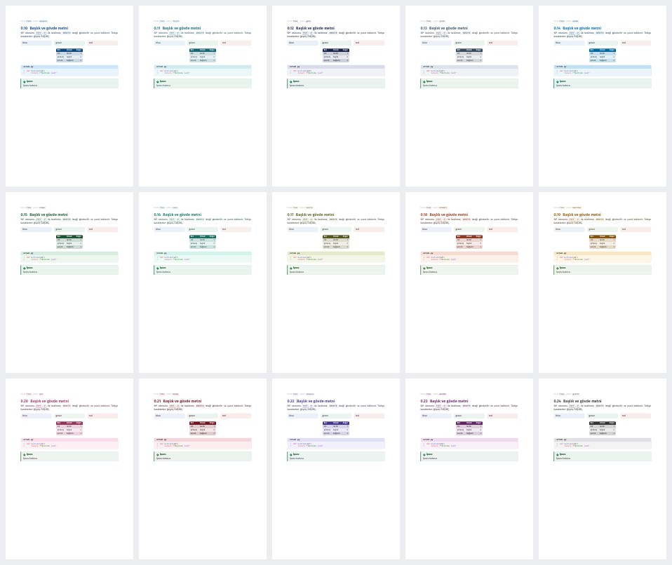 Sample pages of the color palettes, each with a heading, colored boxes, a zebra table, a code block and a callout