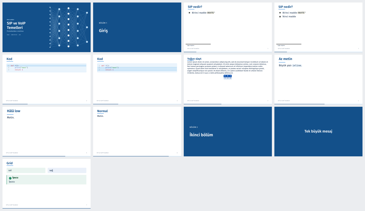 Slide deck pages: title slide, section slide, a slide with a code block, a dense text slide and a focus slide