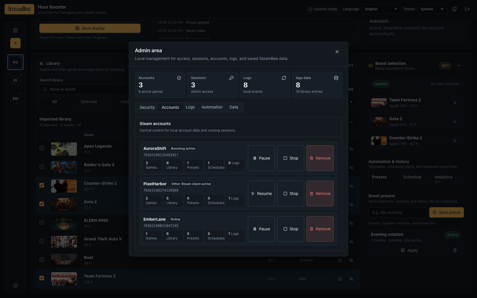 SteamBee admin area