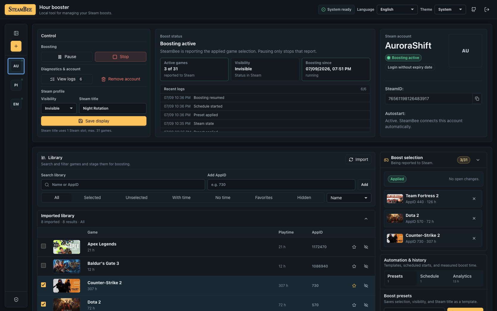 SteamBee dashboard