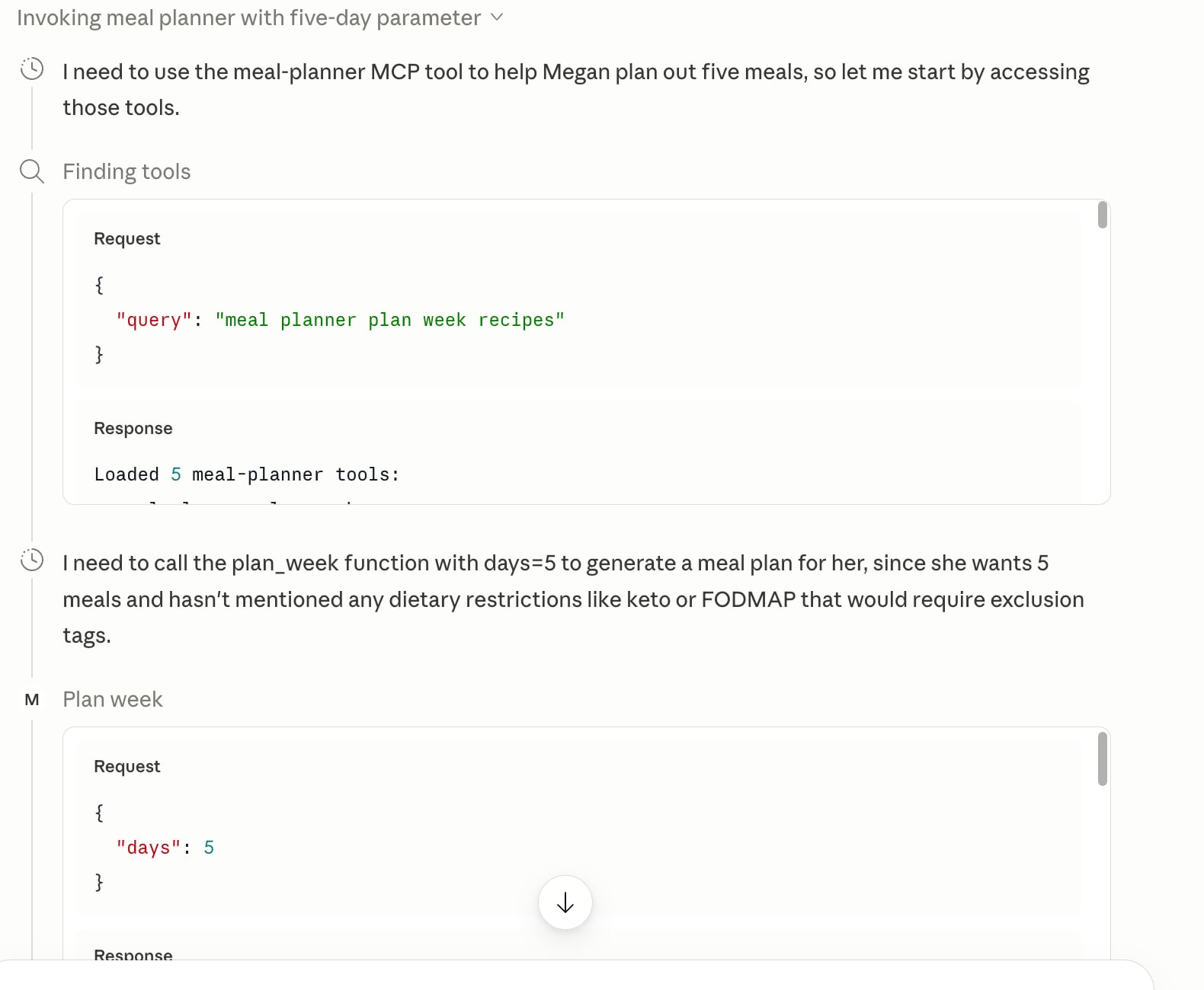 Claude discovering the meal-planner MCP tools and calling plan_week with days=5