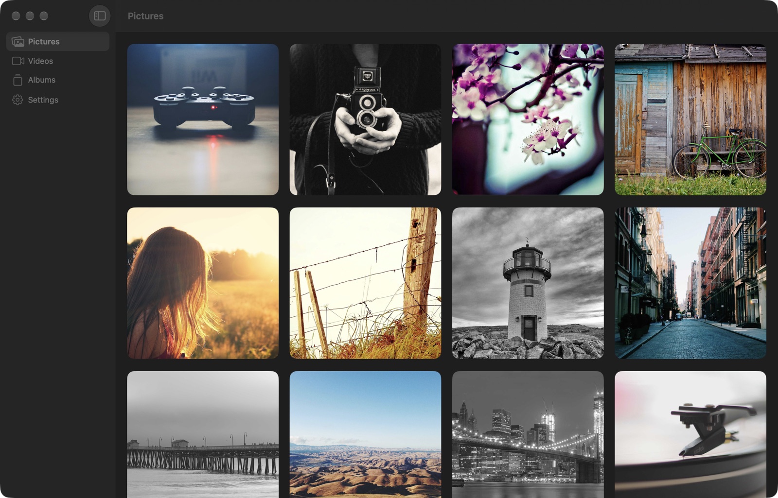 Pictures grid in a macOS window with a sidebar