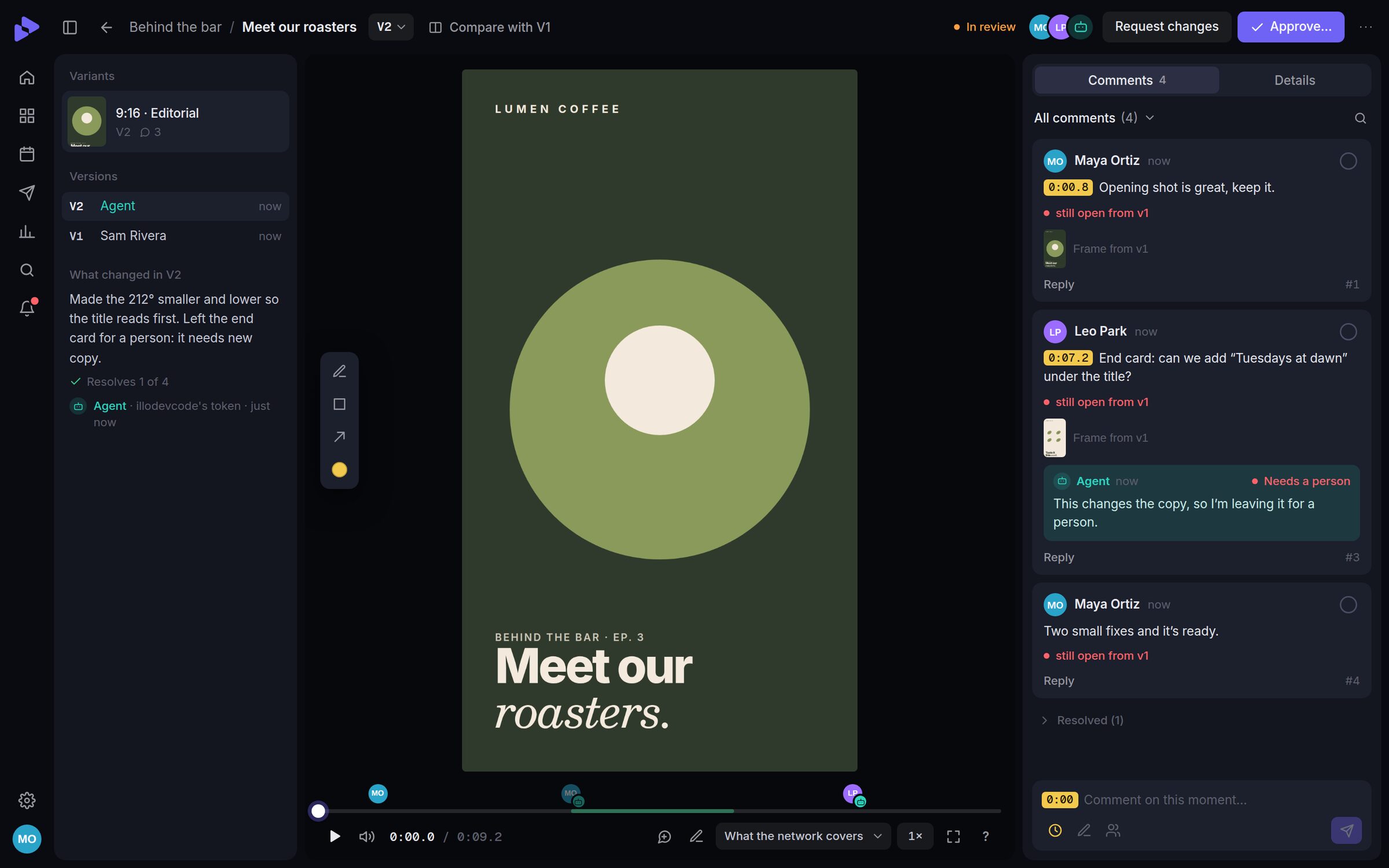 Reviewing a video: comments on the timeline, the agent's new version, and what changed
