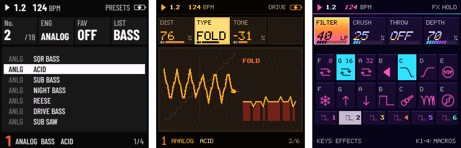 PRESETS listing the basses, DRIVE's FOLD and the FX layer held, in SKIFF, CRYPT and NEON