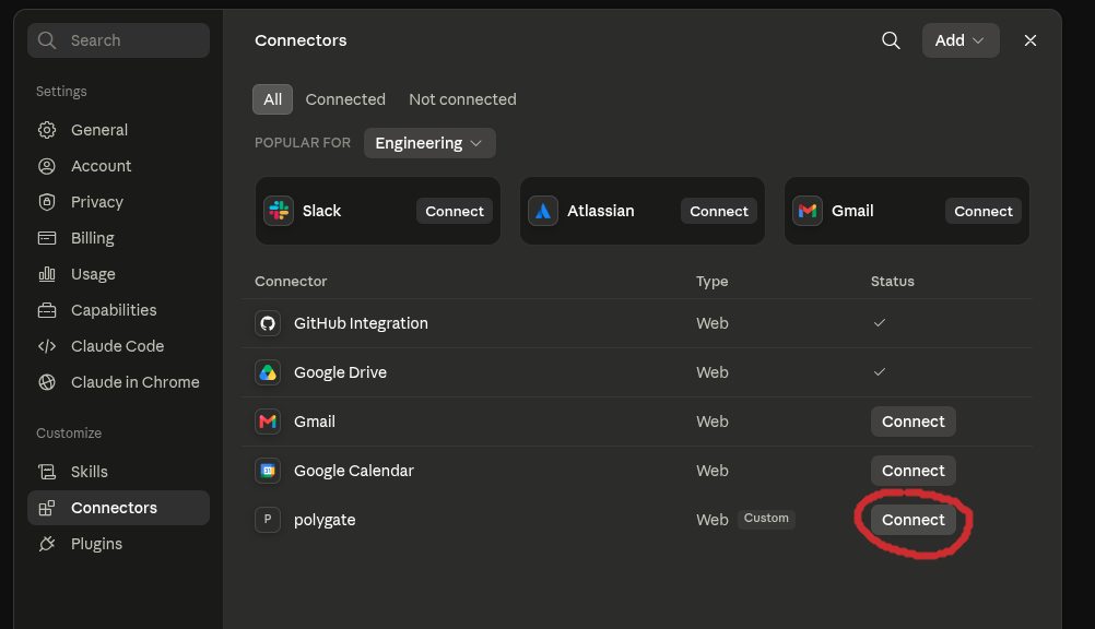Claude: Manage connectors → Connect polygate